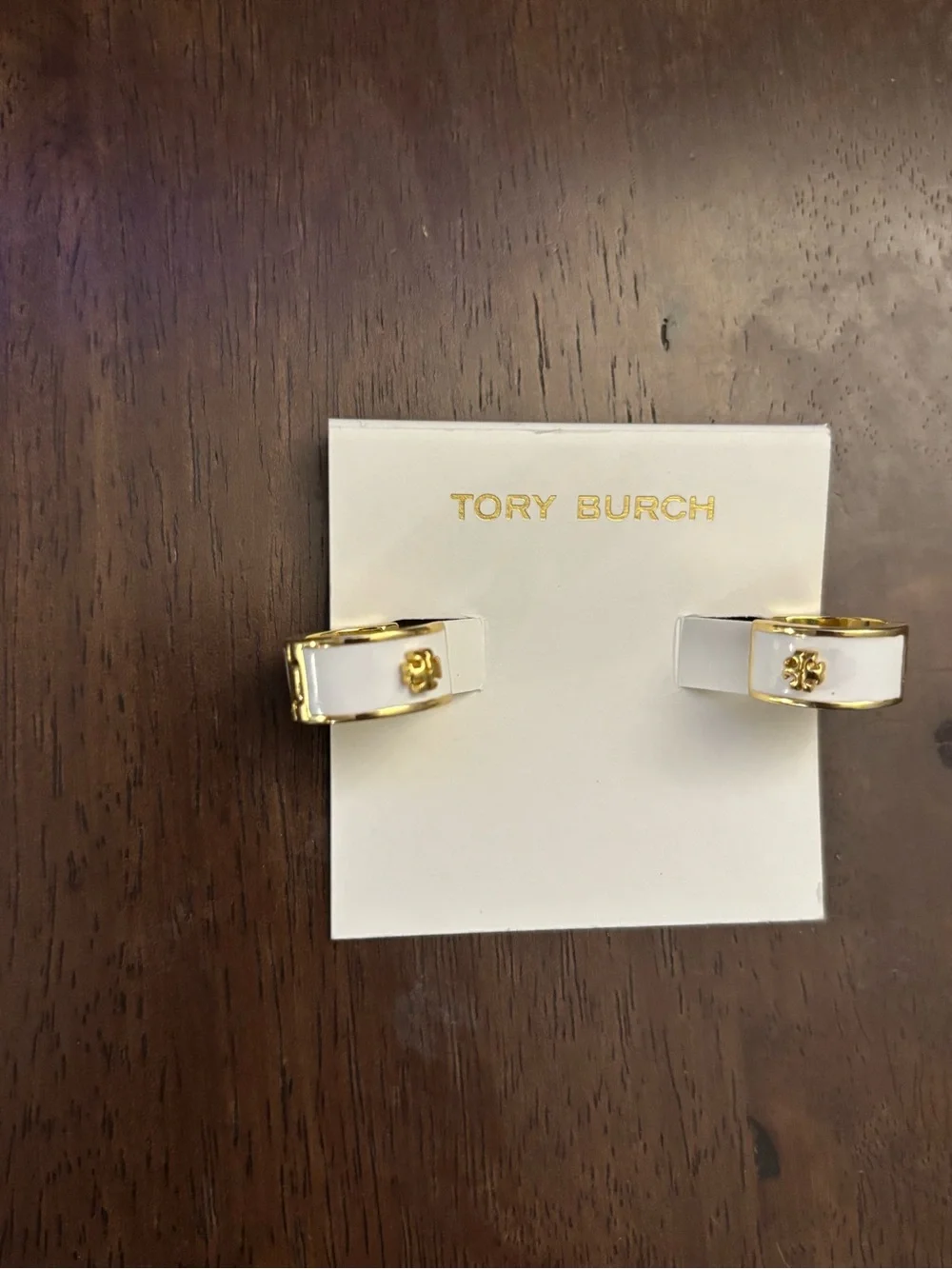 Tory Burch Shiny Gold Mini Hoop Earrings with white enamel brand new